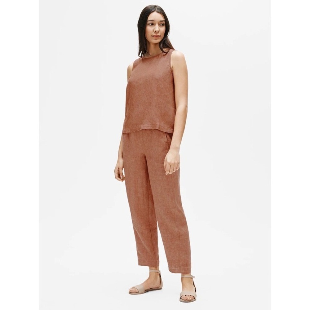Eileen Fisher Organic Linen Shell Top Round Neck Keyhole Back Terracotta Large - Picture 3 of 8